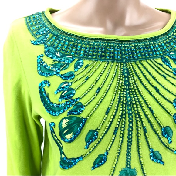 DIANE'S ESSENTIALS Top Embellished SIZE SMALL Lime Green Beaded Sequins Shirt - Picture 4 of 8